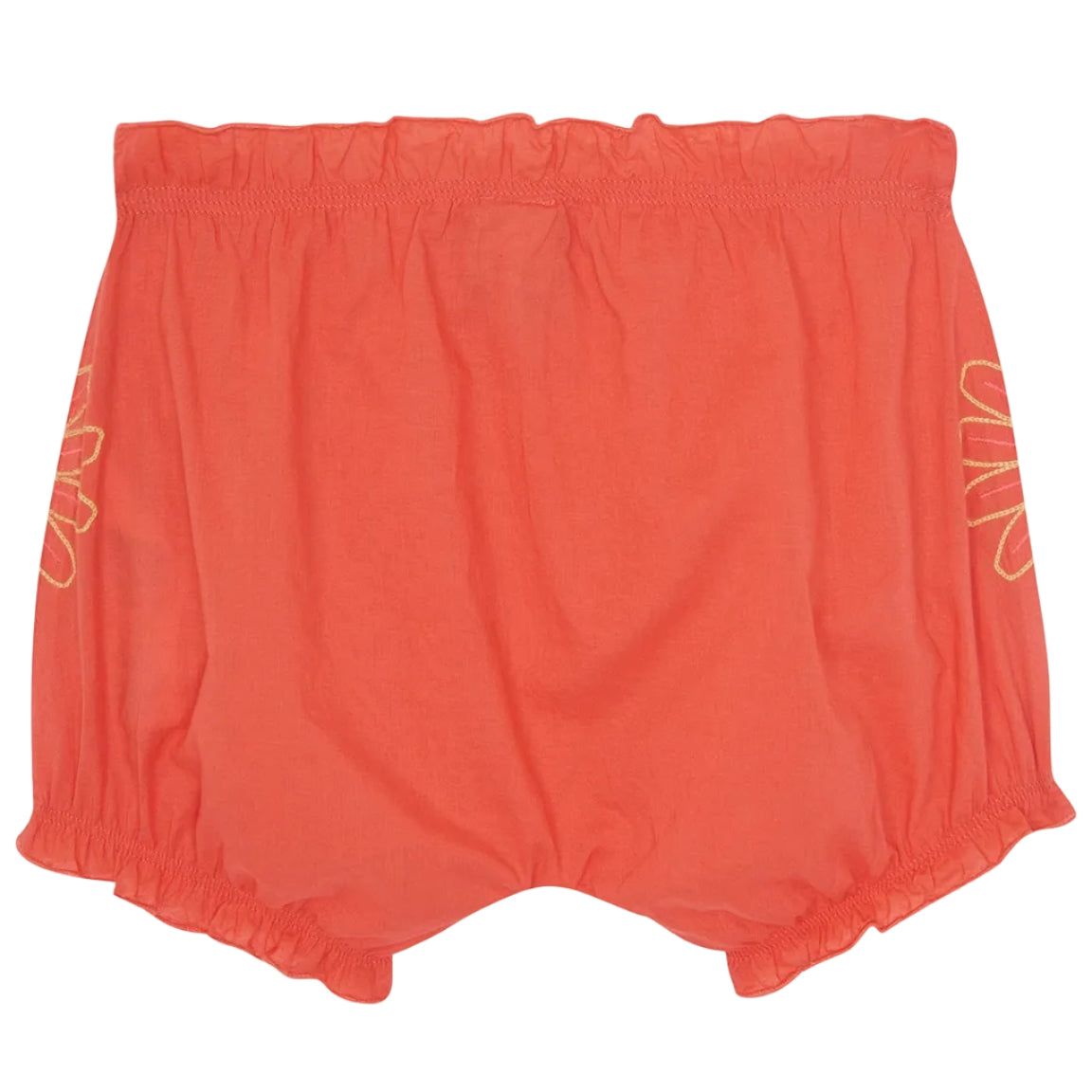 The Bonton Baby Girls' Lancienne Bloomer features a coral hue, loose fit, gathered elastic waist and leg openings, simple stitched accents, and delicate embroidered flowers on the sides.