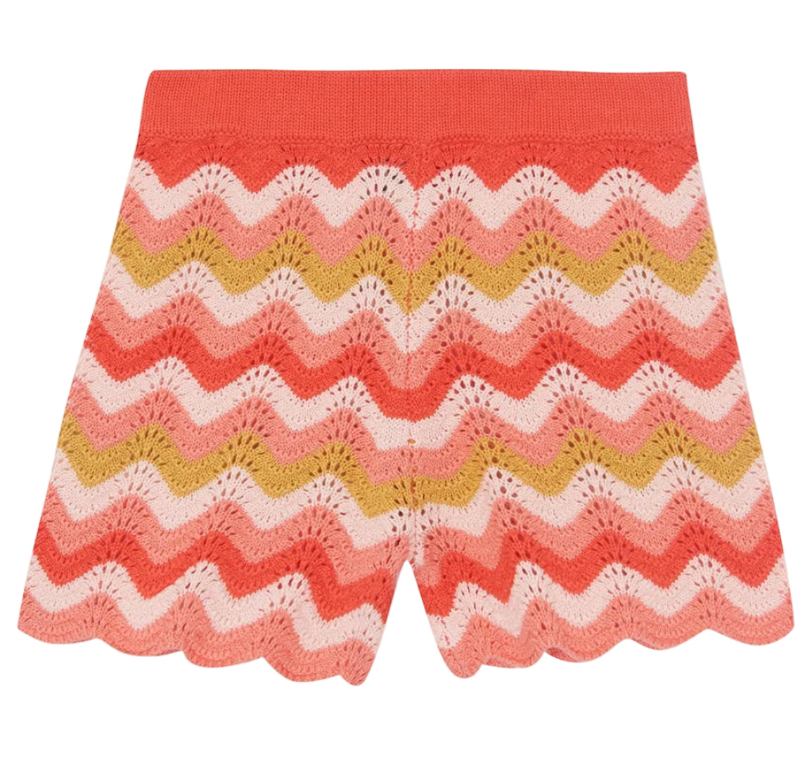 The Bonton Girls' Nine Short features a wavy chevron pattern in coral, pink, yellow, and red with a scalloped hem. Made from 100% cotton for comfort and style.