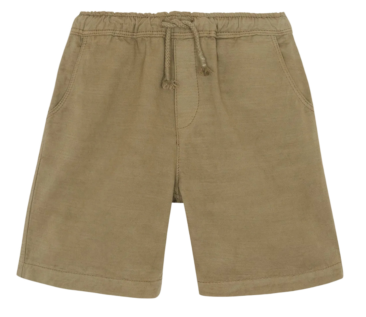 The Boys’ Lyon Short by Bonton, crafted from cotton in a versatile khaki hue, features an elastic waistband with a drawstring and two handy front pockets—beautifully showcased against a white background.