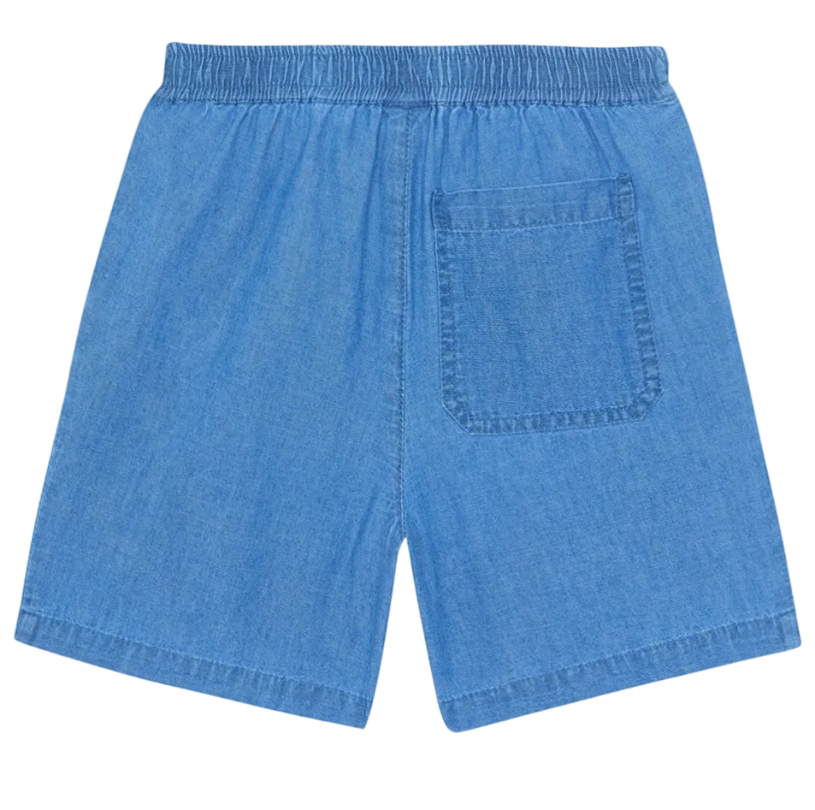 Back view of Bonton Boys' Naples Short in light blue denim, featuring an elastic waistband and a single back patch pocket for a relaxed summer style.