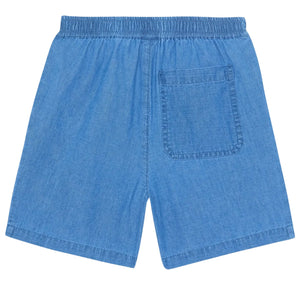 Back view of Bonton Boys' Naples Short in light blue denim, featuring an elastic waistband and a single back patch pocket for a relaxed summer style.
