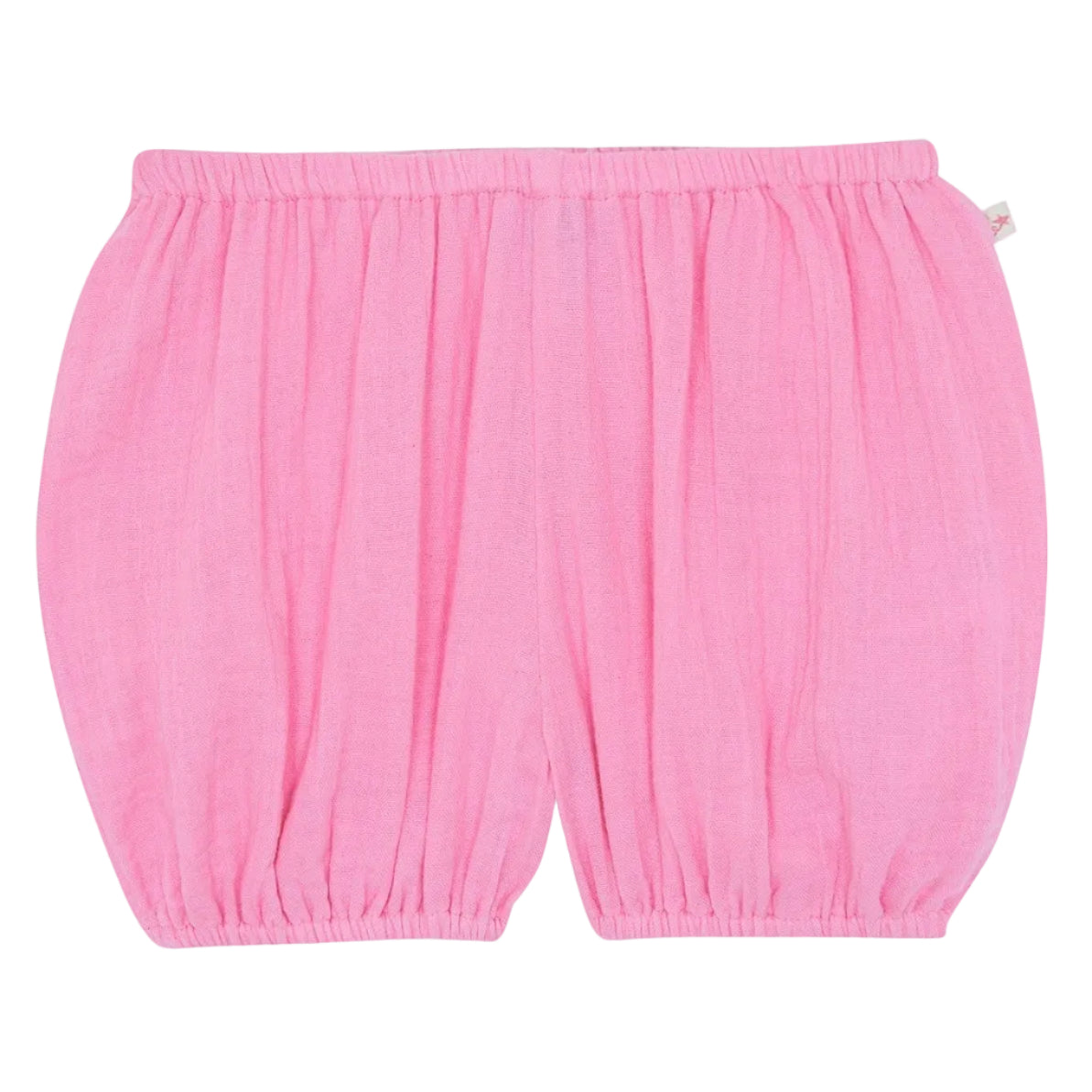 Baby Girls' Bombe Bloomer by Bonton: loose-fitting cotton shorts with an elastic waistband and leg openings, shown on a white background.