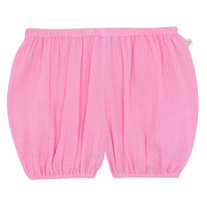 Baby Girls' Bombe Bloomer by Bonton: loose-fitting cotton shorts with an elastic waistband and leg openings, shown on a white background.