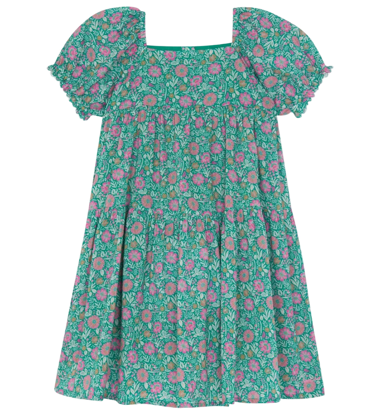 The Bonton Girls' Georgette Dress features a green floral print, short puff sleeves, square neckline, and a loose tiered silhouette—ideal for breezy summer days.
