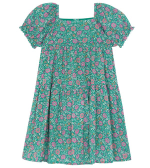 The Bonton Girls' Georgette Dress features a green floral print, short puff sleeves, square neckline, and a loose tiered silhouette—ideal for breezy summer days.
