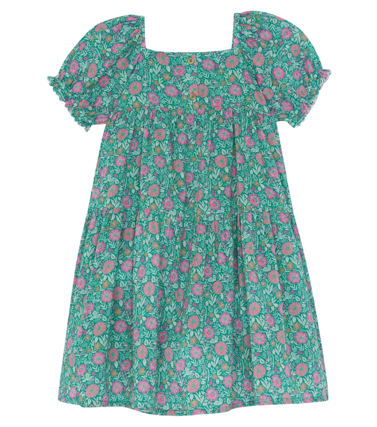 The Bonton Girls' Georgette Dress is a short-sleeve summer dress for children with a green base, pink floral pattern, square neckline, and gathered waist.