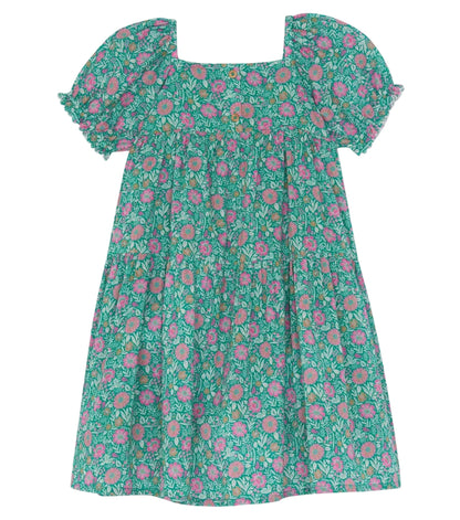 The Bonton Girls' Georgette Dress is a short-sleeve summer dress for children with a green base, pink floral pattern, square neckline, and gathered waist.