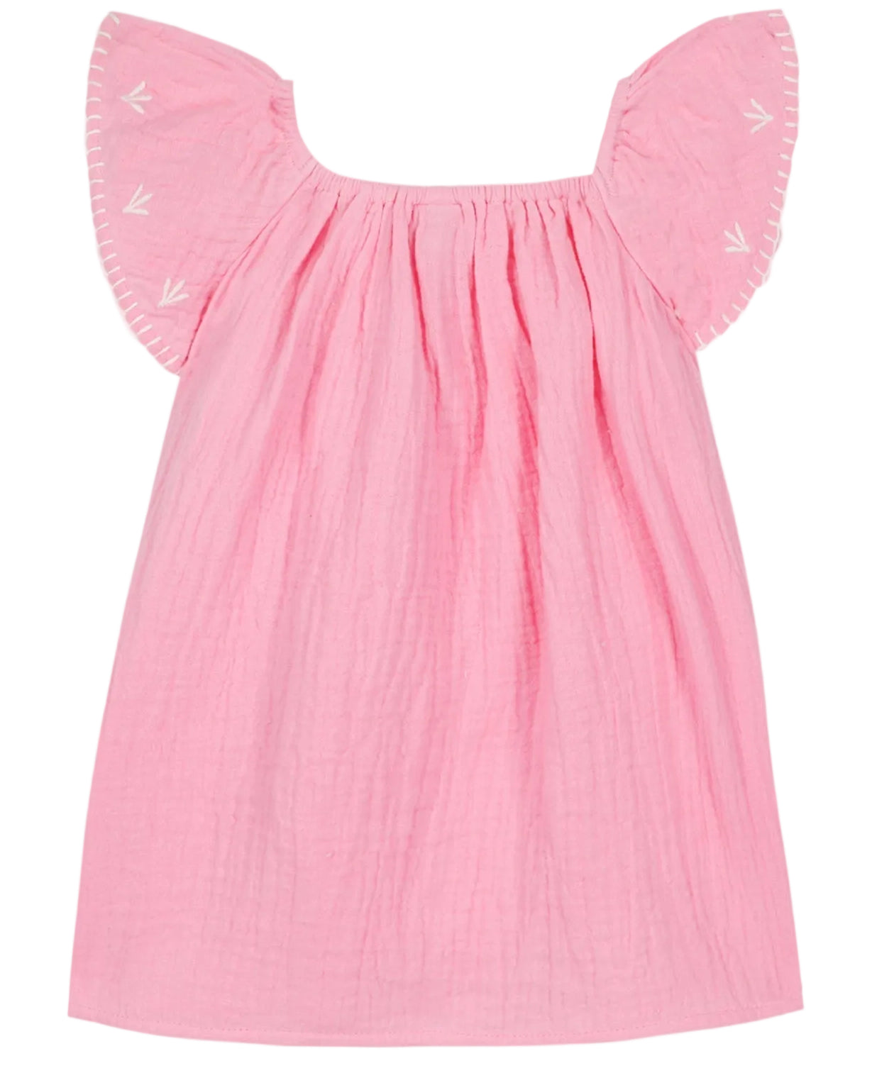 The Baby Girls' Revebb Dress by Bonton is a pink, short-sleeved cotton gauze dress with ruffled sleeves and delicate white embroidered accents, from the Coco Chill collection.