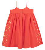 The Bonton Girls' Nicky Dress is a sleeveless coral design with thin straps, front buttons, and embroidered hem flowers—ideal for a sunny day out.