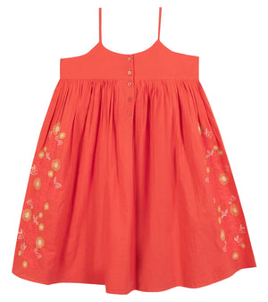 The Bonton Girls' Nicky Dress is a sleeveless coral design with thin straps, front buttons, and embroidered hem flowers—ideal for a sunny day out.