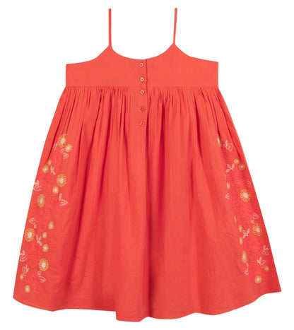 The Bonton Girls' Nicky Dress is a sleeveless coral design with thin straps, front buttons, and embroidered hem flowers—ideal for a sunny day out.