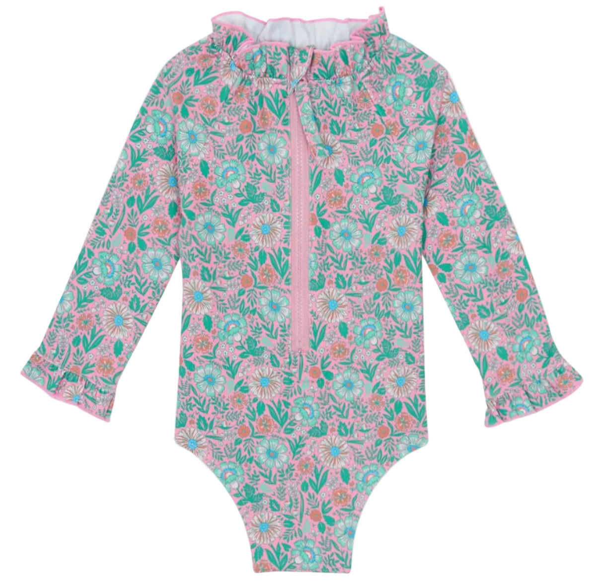 The Bonton Baby Girls' Combinette Swimsuit features long sleeves, a ruffled collar with cuffs, a pink and green floral print, front zipper, and built-in UV protection for safe, stylish sun play.