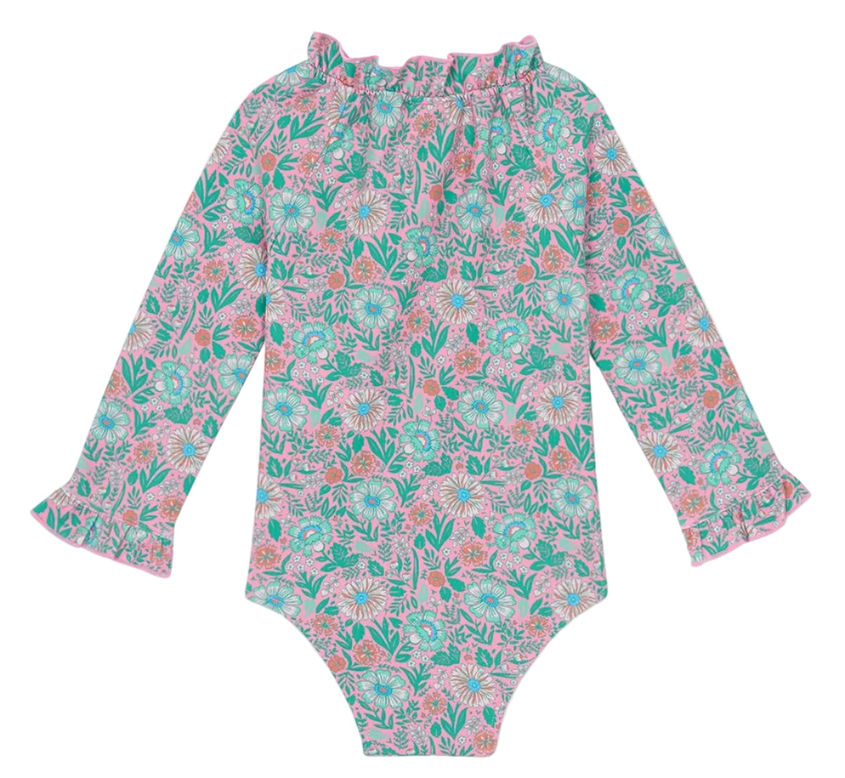 The Bonton Baby Girls' Combinette Swimsuit features long sleeves, ruffled collar and cuffs, and a pink, green, and white floral pattern—perfect for stylish, sun-ready days.