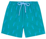 Bonton Boys' Ocean Palm Swim Trunk features an elastic waistband, light blue drawstring, and a palm tree pattern—perfect kids swimwear for fun beach days.