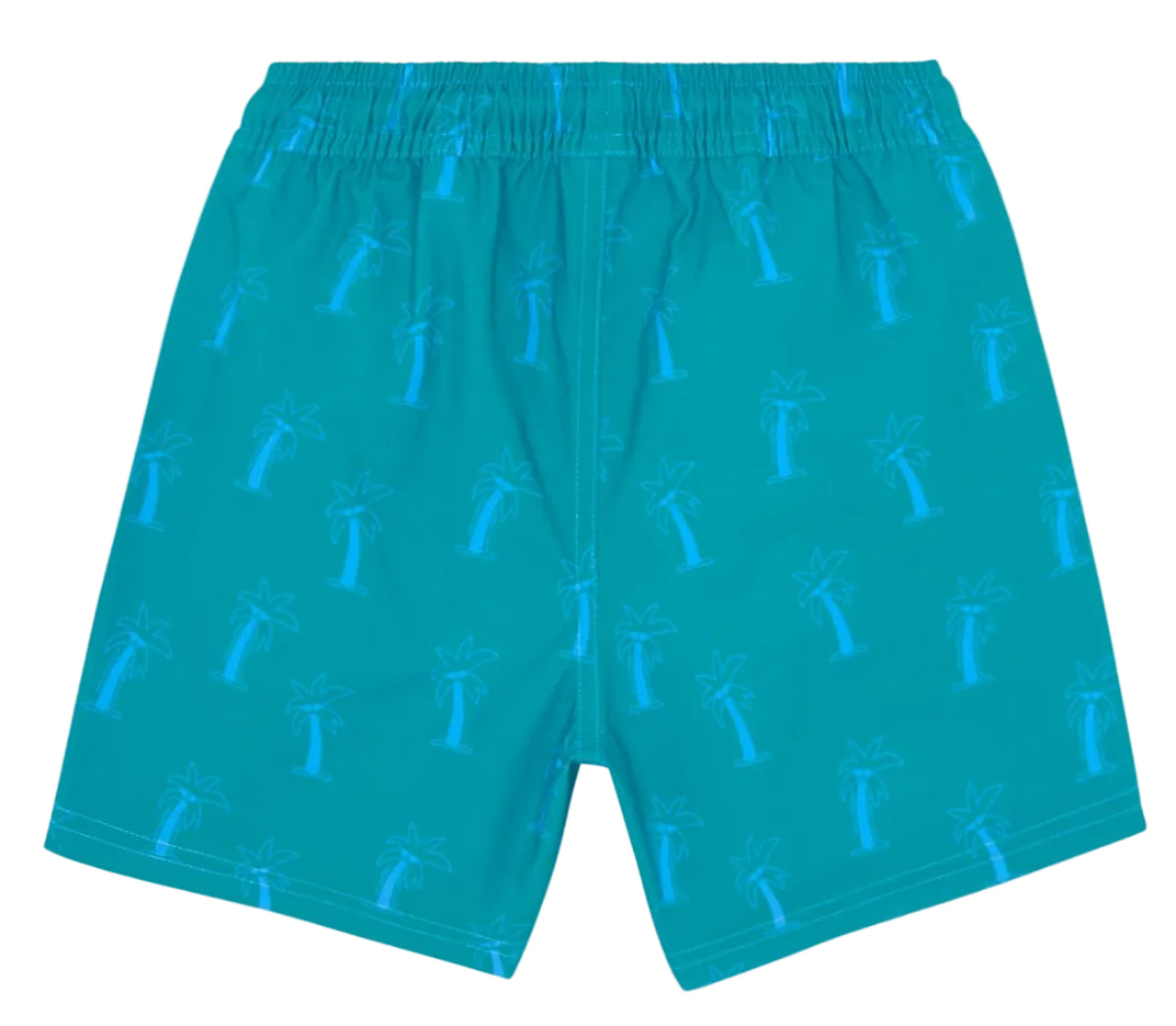The Bonton Boys' Ocean Palm Swim Trunk features an elastic waistband and a light blue palm tree print, making it ideal beachwear for kids.