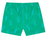 The Bonton Baby Boys' Ocean Palm Swim Trunk features an elastic waistband and a light blue palm tree pattern—perfect tropical swimwear for kids.