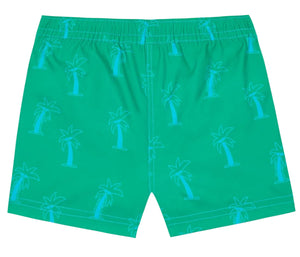 The Bonton Baby Boys' Ocean Palm Swim Trunk features an elastic waistband and a light blue palm tree pattern—perfect tropical swimwear for kids.