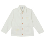 The Girls' Ermana Jacket by Bonton is a white, cotton workwear-style button-up with long sleeves, three front pockets, and subtle palm tree embroidery on two of the pockets.