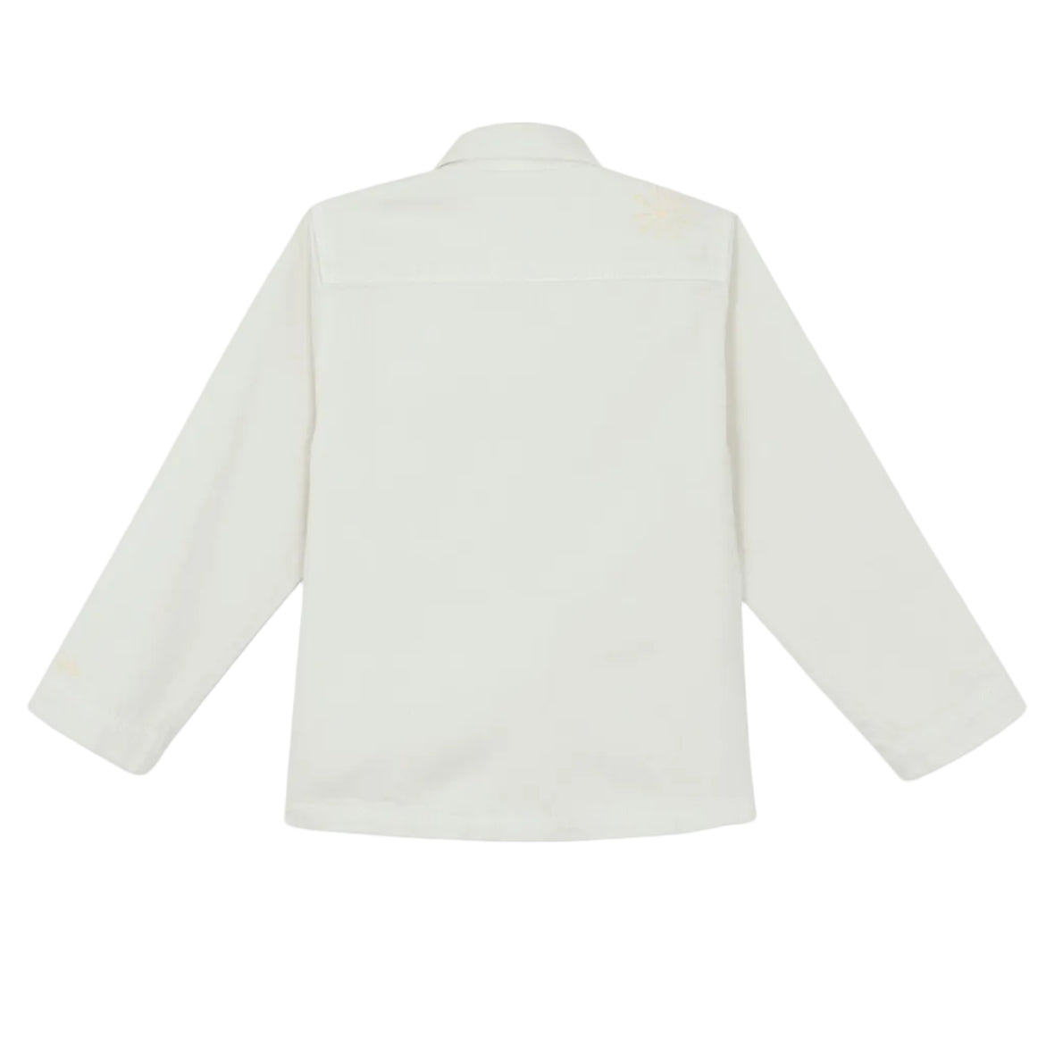 A plain white long-sleeve shirt is shown from the back against a white background, paired with the Girls' Ermana Jacket by Bonton for an effortless workwear style.
