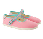 Introducing the Girls’ Jane Slippers by Bonton—pink Mary Jane-style shoes with turquoise trim, white soles, a buckle strap, and a small star tag on the side. These slippers offer everyday comfort and are perfect for kids to relax in.