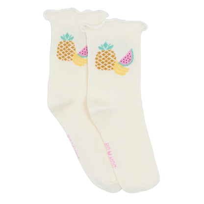 Girls' Cocofruit Socks by Bonton feature a cream color with embroidered pineapple, banana, and watermelon slices—perfect for anyone who loves colorful socks with a tropical twist.