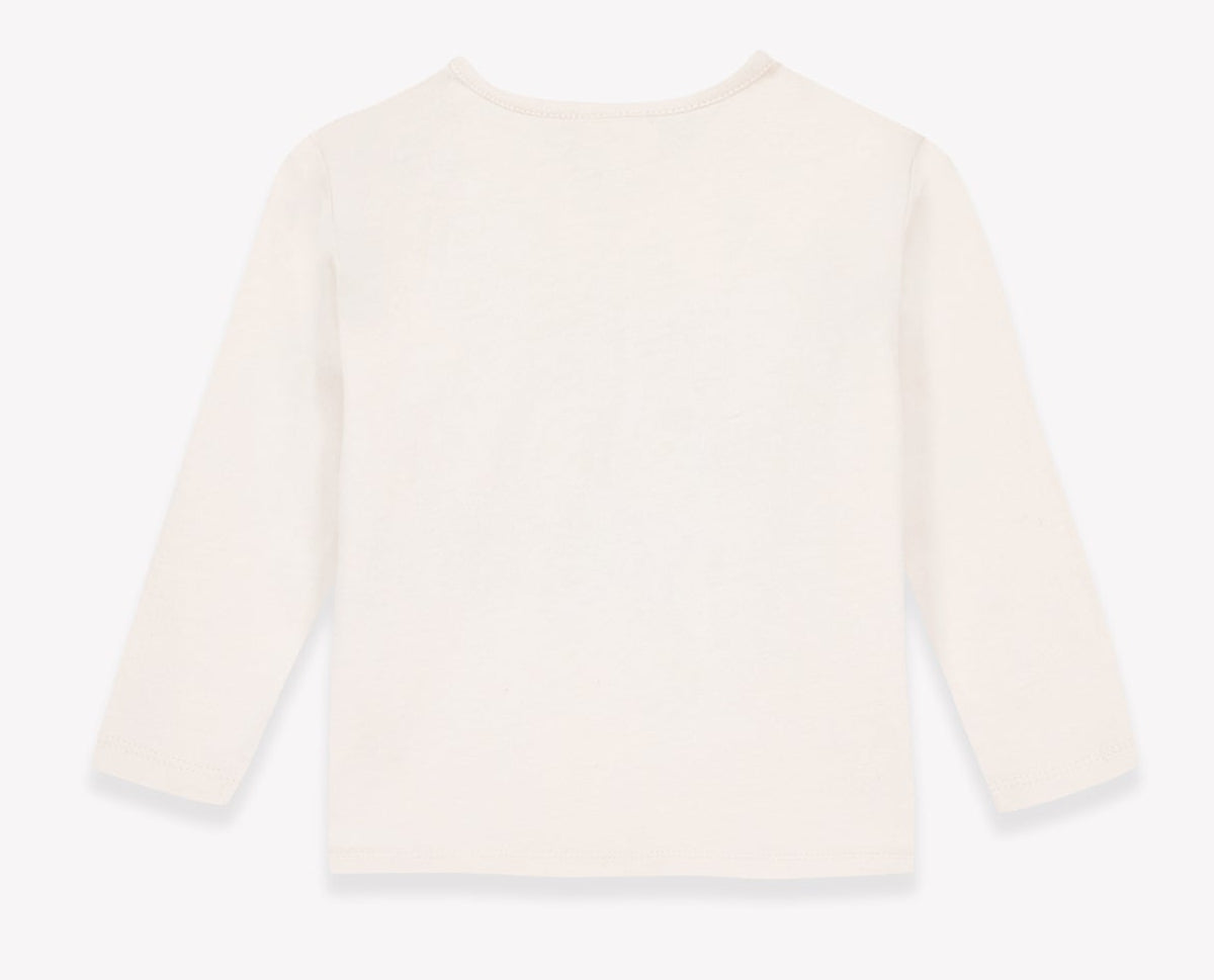 Back view of the Bonton Baby and Toddler Taxi Cool T-Shirt, a plain, long-sleeve, off-white kids’ top made from 100% cotton, laid flat on a white background.