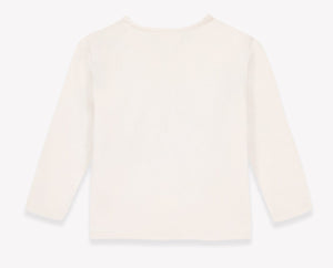 Back view of the Bonton Baby and Toddler Taxi Cool T-Shirt, a plain, long-sleeve, off-white kids’ top made from 100% cotton, laid flat on a white background.