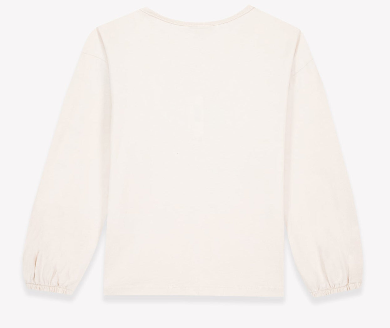 The Girls’ Mermaid Patch T-Shirt by Bonton is pictured from the back, showcasing long sleeves with elastic cuffs and a classic round neckline in an off-white color against a white background.