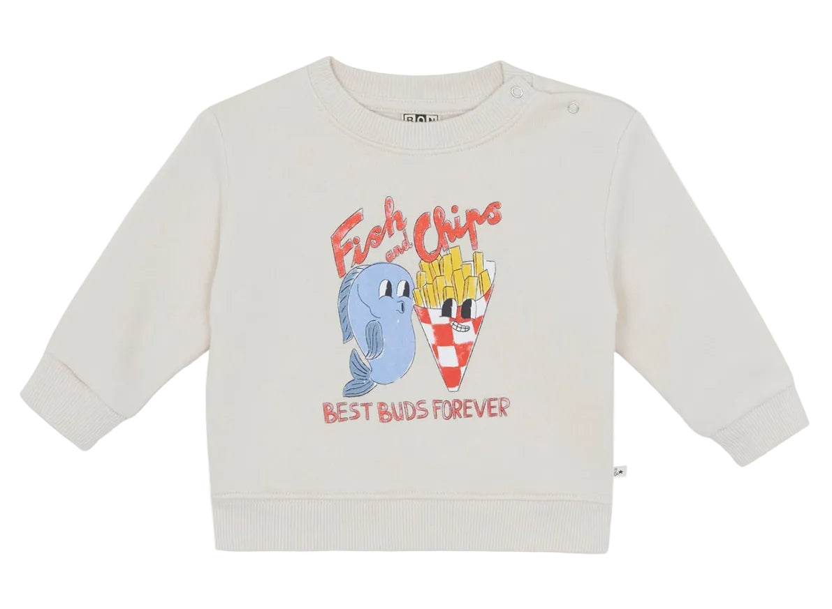 The Bonton Baby Boys’ and Toddler Smily Fish Sweatshirt is a cream-colored cotton top featuring a cartoon fish and fries with the words “Fish Chips” above and “Best Buds Forever” below—making it an adorable, cozy choice for babies or toddlers.