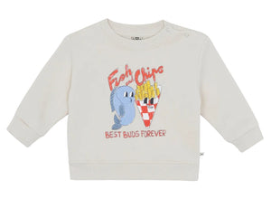 The Bonton Baby Boys’ and Toddler Smily Fish Sweatshirt is a cream-colored cotton top featuring a cartoon fish and fries with the words “Fish Chips” above and “Best Buds Forever” below—making it an adorable, cozy choice for babies or toddlers.