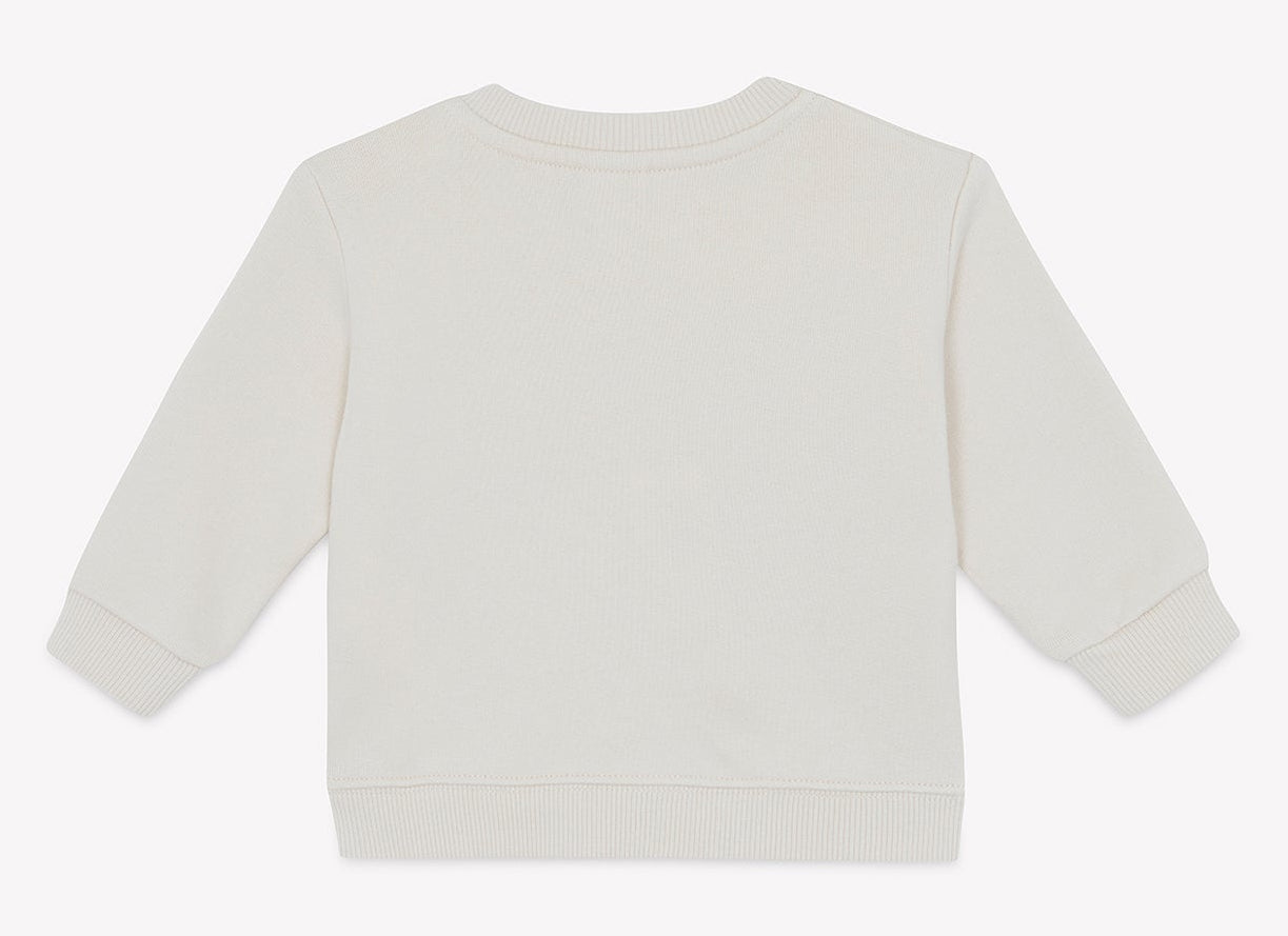 A cream-colored cotton Baby Boys’ and Toddler Smily Fish Sweatshirt by Bonton with long sleeves is shown laid flat with the back facing up against a white background.