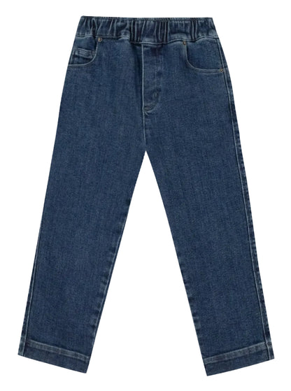 The Boys’ Fracas Pant by Bonton features a straight-leg cut in blue denim, designed with an elastic waist for added comfort, front pockets, and a classic five-pocket style, shown laid flat on a white background.
