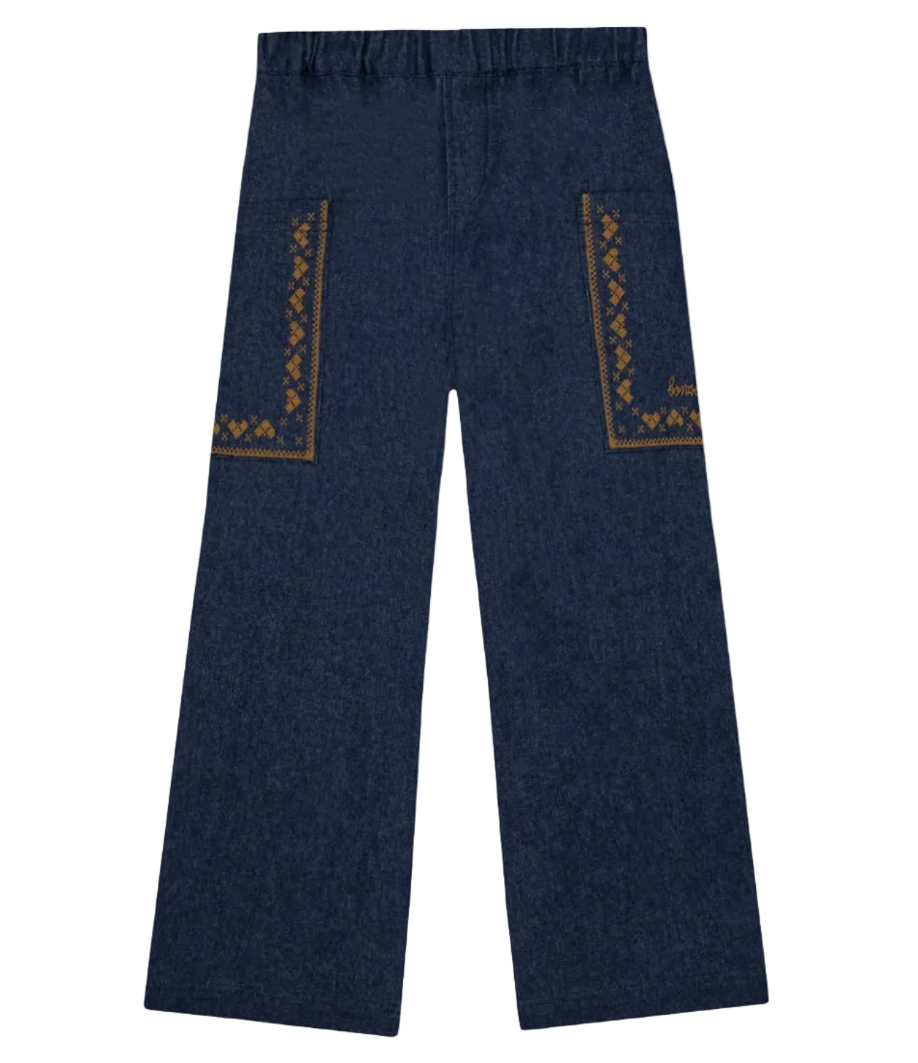 The Girls’ Lauren Pant by Bonton features wide-leg chambray cotton, an elastic waistband, and geometric brown embroidery on both back pockets. Displayed flat on a white background, these stylish girls’ pants offer a chic and comfortable option for any wardrobe.