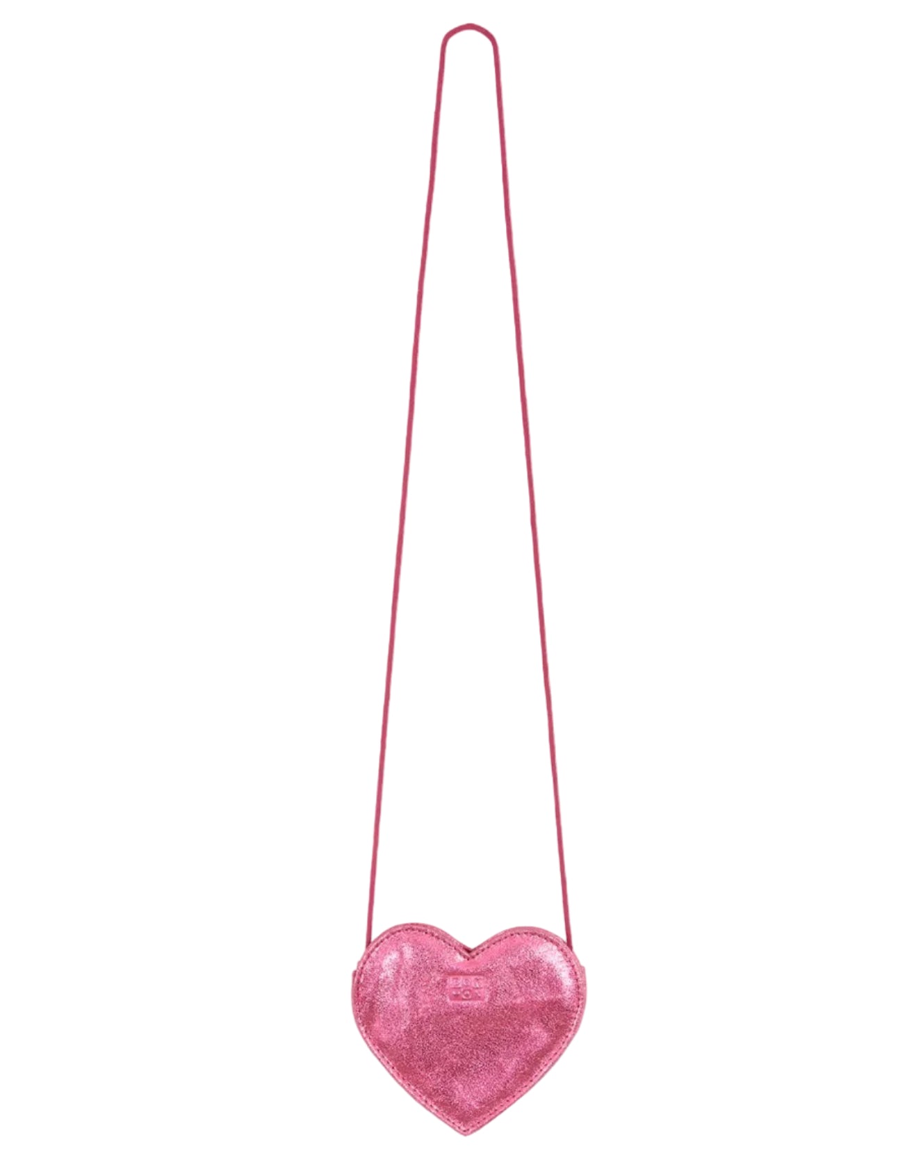 The Bonton Girls’ Leather Heart Bag—a petite pink purse with a long matching strap—stands out against a plain white background, making it the ideal accessory for any young fashionista.