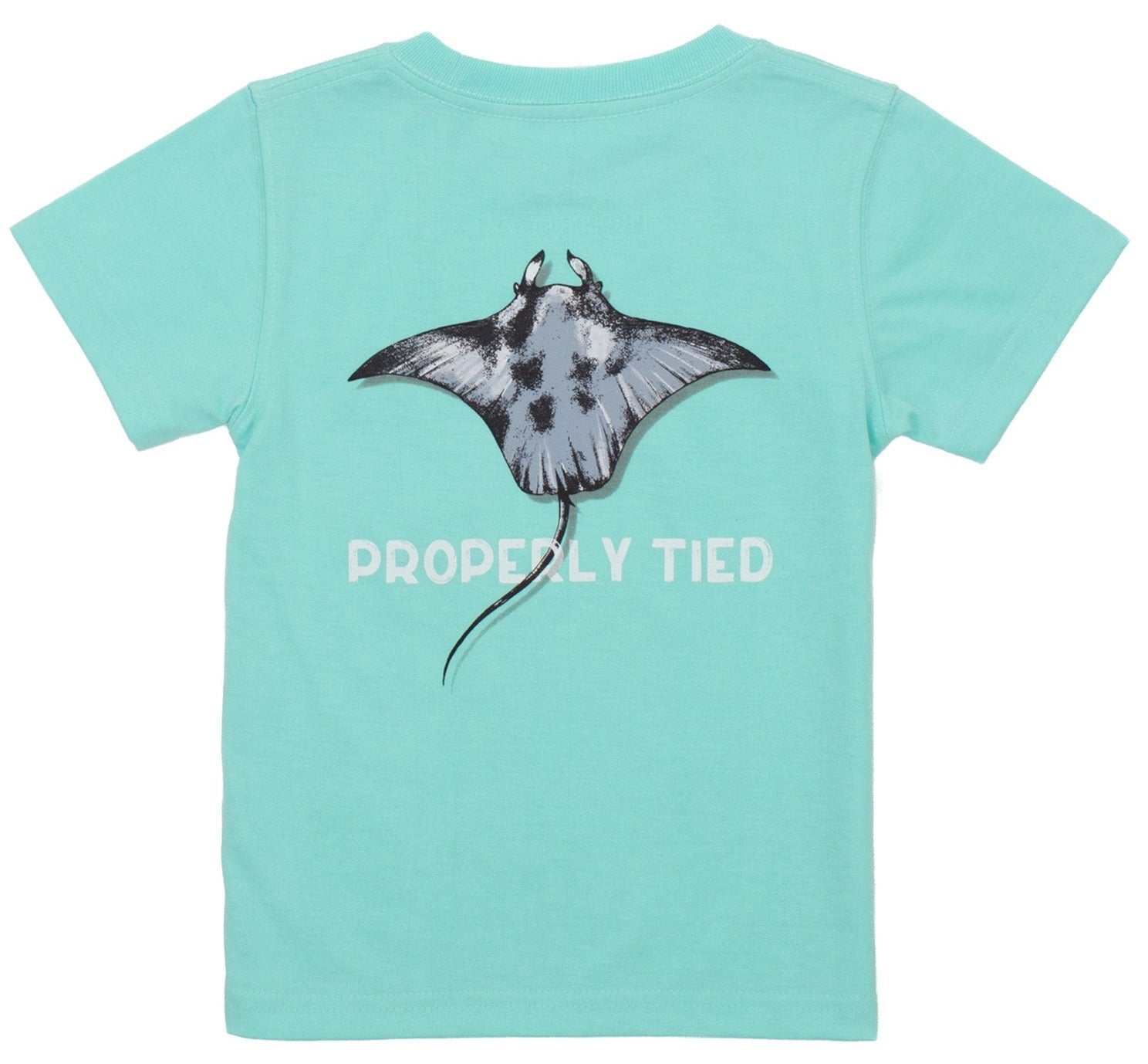 The Properly Tied Baby Manta Ray Tee, a turquoise boys' shirt featuring an illustration of a stingray and the text "PROPERLY TIED" on the back, is perfect for everyday wear.