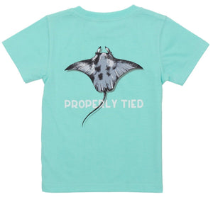 The Properly Tied Baby Manta Ray Tee, a turquoise boys' shirt featuring an illustration of a stingray and the text "PROPERLY TIED" on the back, is perfect for everyday wear.