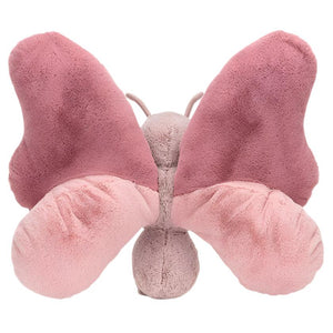 Beatrice Butterfly, a pink butterfly stuffed toy by Jellycat designs, on a white background.