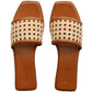 Bembien Pia Slide by Bembien showcases two brown flat sandals with square toes and handwoven beige leather straps, handmade in India.