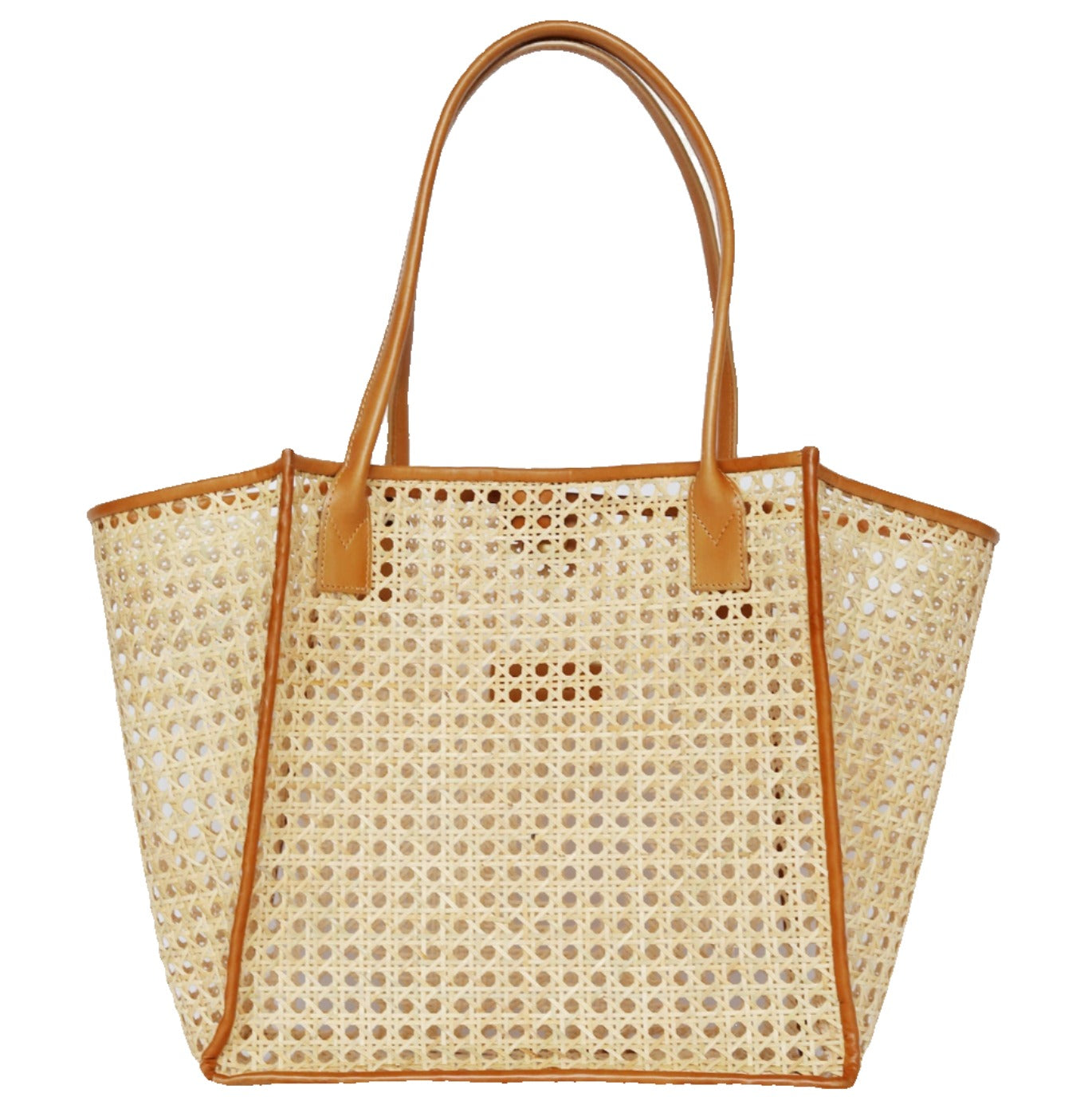 The Bembien Rosa Tote by Bembien is a woven beach bag that boasts brown leather handles and trim. The rattan material showcases a chic checkered pattern.