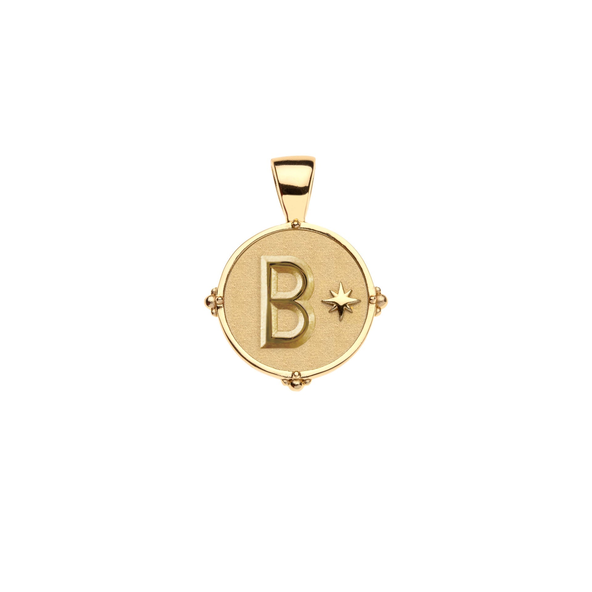 The Jane Win Letter Pendant Satellite Necklace Collection features a 14k gold pendant with a raised “B” and star detail, attached to a simple bail—ideal for personalizing your favorite chain.