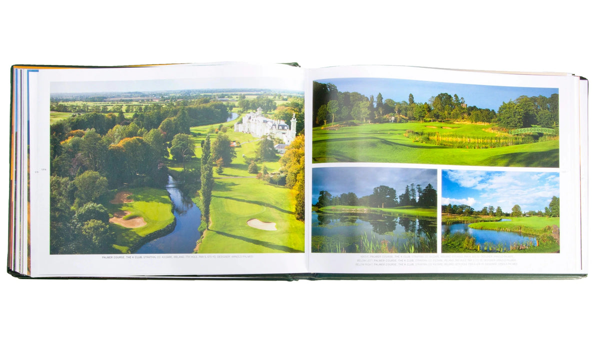 An open copy of Golf Courses: Fairways of the World displaying David Cannon’s photography of fairways, water hazards, and a manor house.
