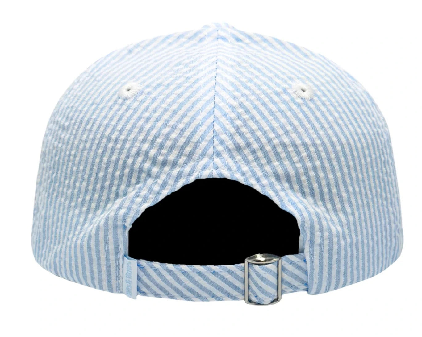 Back view of the Bits & Bows Big Bro Baseball Hat with blue and white stripes, metal adjustable strap, and two ventilation holes—ideal for adding coastal charm to your sun-protecting sportswear collection.