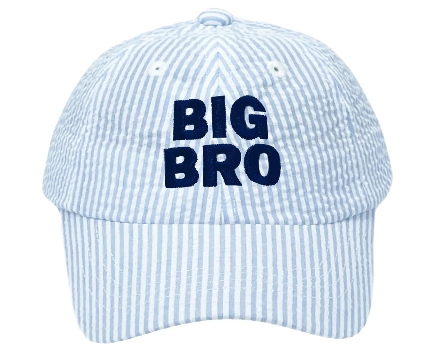 The Bits & Bows Big Bro Baseball Hat features light blue and white stripes with "BIG BRO" embroidered in navy on the front, combining coastal charm and sun-ready sportswear.