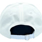 Back view of the Birthday Boy Baseball Hat by Bits & Bows, featuring a blue and white striped adjustable strap with metal buckle, brings coastal style to your sun-protective sportswear.