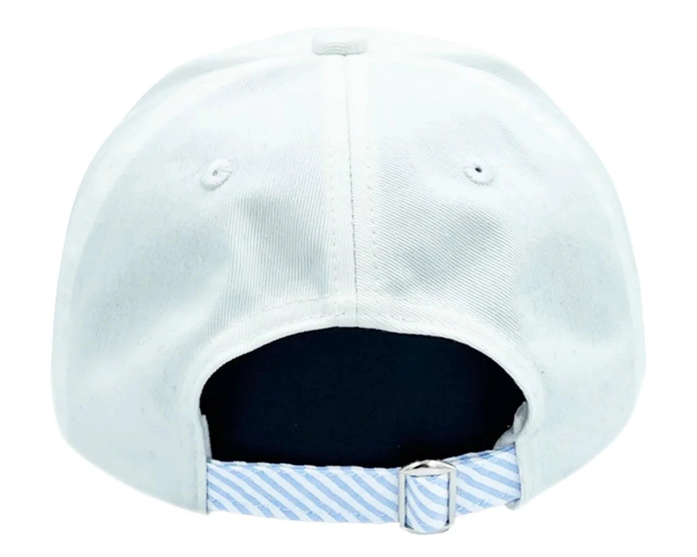 Back view of the Birthday Boy Baseball Hat by Bits & Bows, featuring a blue and white striped adjustable strap with metal buckle, brings coastal style to your sun-protective sportswear.