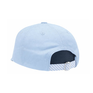The Brother Hat by Bits & Bows is displayed from the back in light blue, highlighting its adjustable striped strap with a metal buckle—a subtle celebration of sibling pride.