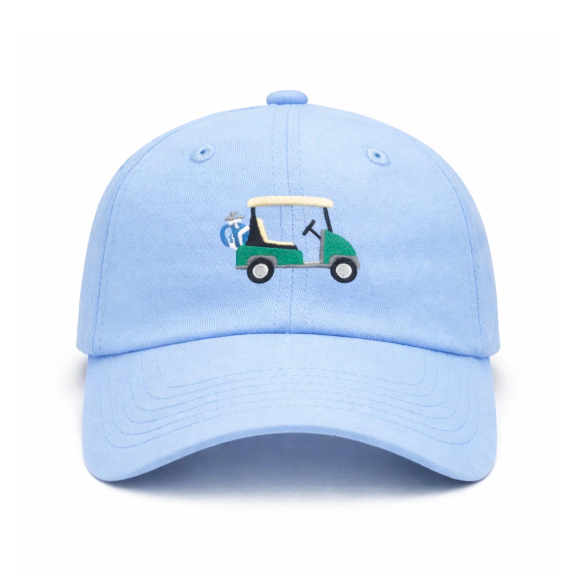 Introducing the Golf Cart Hat from Bits & Bows: a light blue baseball cap adorned with an embroidered green and yellow golf cart and golf clubs on the front—an ideal stylish accessory for any golf enthusiast and a standout fairway fashion statement.