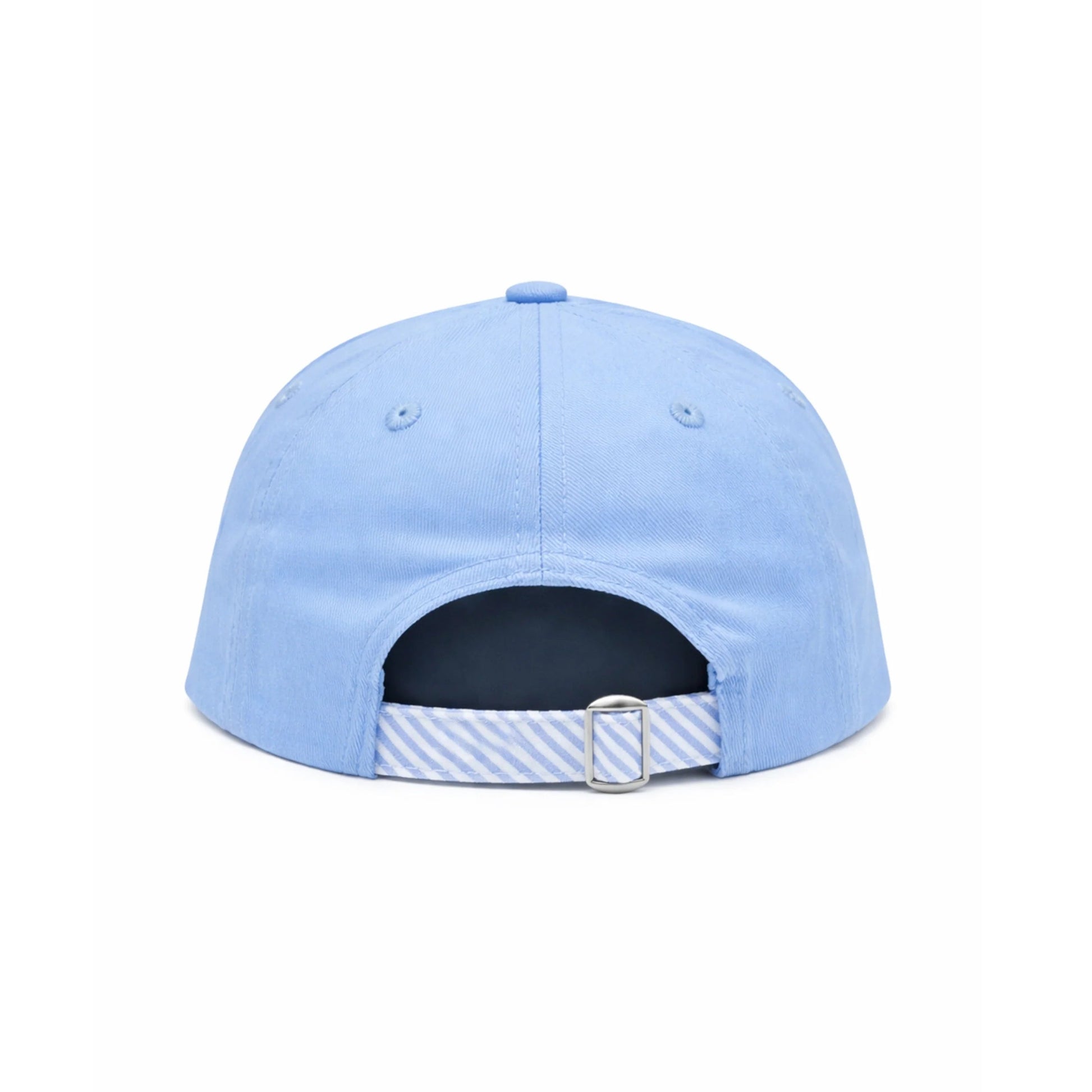 The Bits & Bows Golf Cart Hat is shown from the back in light blue, featuring an adjustable striped strap with a metal buckle—a subtle golf-inspired detail perfect for fans of classic fairway accessories.