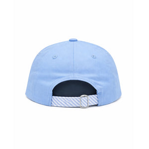 The Bits & Bows Golf Cart Hat is shown from the back in light blue, featuring an adjustable striped strap with a metal buckle—a subtle golf-inspired detail perfect for fans of classic fairway accessories.