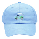 Add a playful touch to your look with the Golf Cart Baseball Hat by Bits & Bows—a light blue cotton twill hat featuring an embroidered green golf cart on the front.
